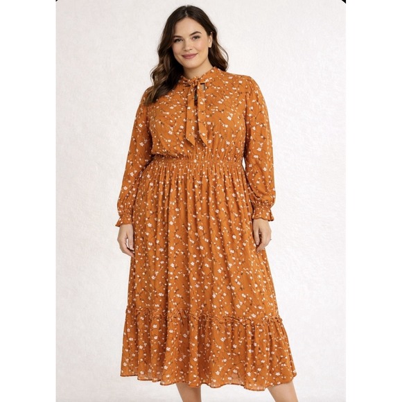 Ava & Viv Dresses & Skirts - 1X XL Floral Maxi Tiered Dress Cottagecore Boho Prairie Bow Ruffles Yellow